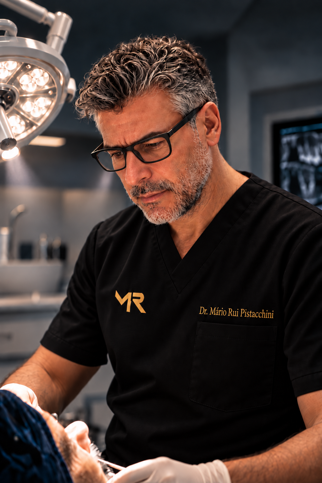Dr. Mário Rui em cirurgia, com óculos e logótipo MR dourado na farda